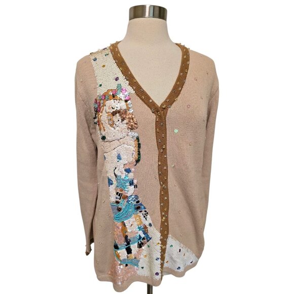 Storybook Knits Cardigan Sweater Gustav Klimt The Kiss Size Large Sequin Vintage - Picture 1 of 7